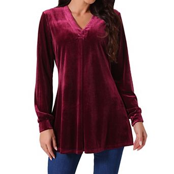 Women's Velvet Top V Neck Long Sleeves Solid Casual Tunic Blouse Loose T-Shirt