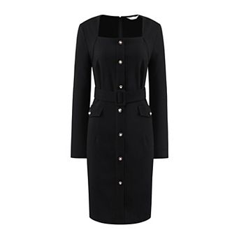 Women's Square Neck Pancil Dress Long Sleeve Belted Buttoned Work Office Dresses