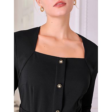 Women's Square Neck Pancil Dress Long Sleeve Belted Buttoned Work Office Dresses