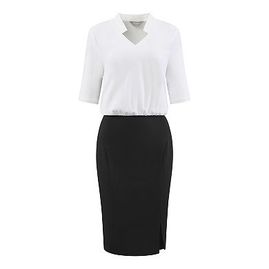 Women's Short Sleeve Work Dress Contrast Color V Neck Pencil Sheath Dresses
