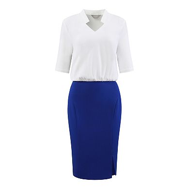 Women's Short Sleeve Work Dress Contrast Color V Neck Pencil Sheath Dresses