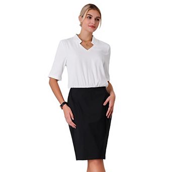 Women's Short Sleeve Work Dress Contrast Color V Neck Pencil Sheath Dresses