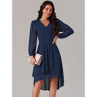 Women's Chiffon V Neck Long Sleeve Pleated Dresses Asymmetric Hem Midi Wedding Guest Dress