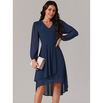 white christmas dresses Long Sleeves V-Neck Tea Length Chiffon Wedding Guest Dresses, Blush main image 0