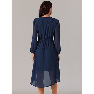 Women's Chiffon V Neck Long Sleeve Pleated Dresses Asymmetric Hem Midi Wedding Guest Dress