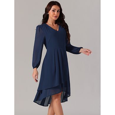 Women's Chiffon V Neck Long Sleeve Pleated Dresses Asymmetric Hem Midi Wedding Guest Dress