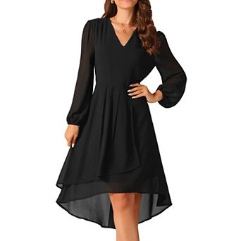 Women's Chiffon V Neck Long Sleeve Pleated Dresses Asymmetric Hem Midi Wedding Guest Dress