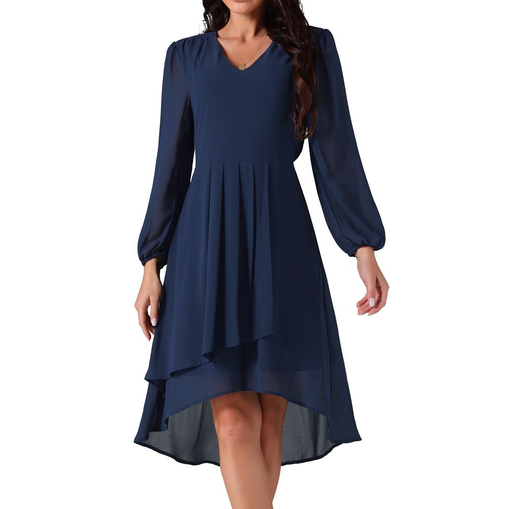 Women's Chiffon V Neck Long Sleeve Pleated Dresses Asymmetric Hem Midi ...