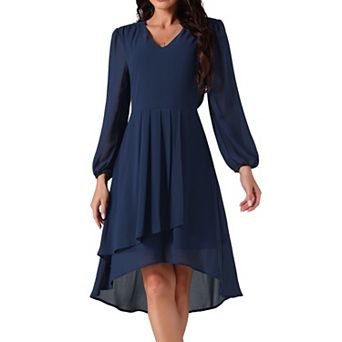 Women's Chiffon V Neck Long Sleeve Pleated Dresses Asymmetric Hem Midi Wedding Guest Dress