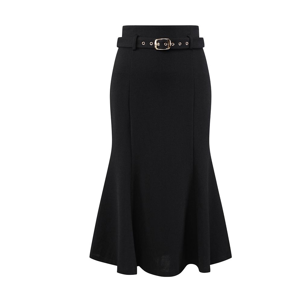 ワンピース A FERRETTI Women Mid Skirts 04066625 555 227593 Black Women's Elegant Fishtail Skirt High Waist Belted Work Midi