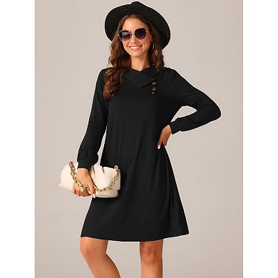 Women's Fall Casual Long Sleeve Tunic Top Dress Button Lapel Pullover Flowy Dress with Pockets