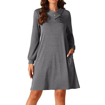 Women's Fall Casual Long Sleeve Tunic Top Dress Button Lapel Pullover Flowy Dress with Pockets