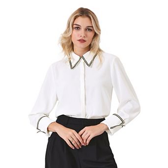 Women's Elegant Work Blouse Long Sleeve Point Collar Tweed Trim Button Down Shirt Top