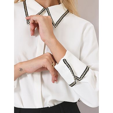 Women's Elegant Work Blouse Long Sleeve Point Collar Tweed Trim Button Down Shirt Top