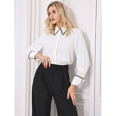 Women's Elegant Work Blouse Long Sleeve Point Collar Tweed Trim Button Down Shirt Top