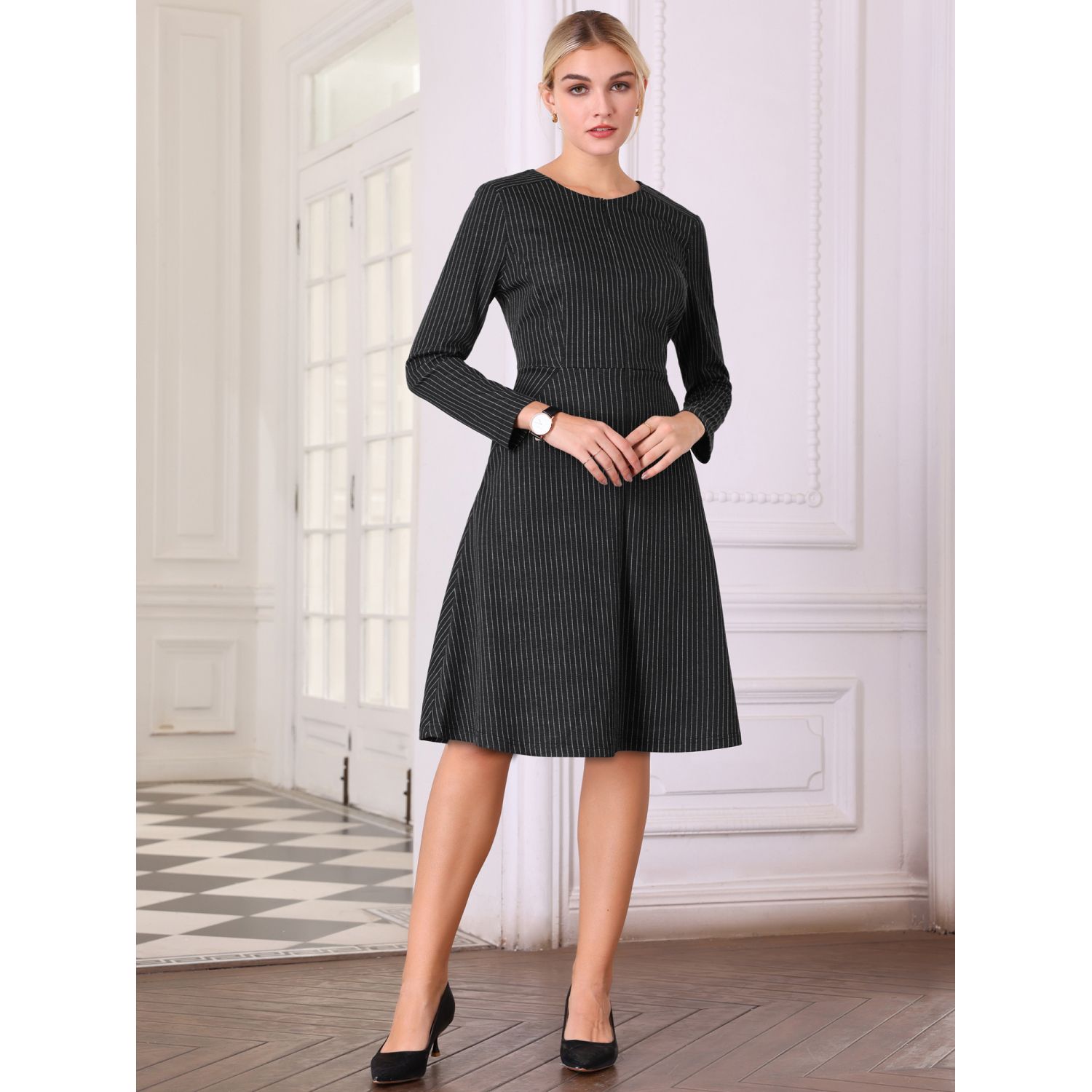 Women's Zipper Neck Dress Winter Long Sleeve A-Line Midi Striped Dress with  Pockets