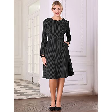 Women's Zipper Neck Dress Winter Long Sleeve A-Line Midi Striped Dress with Pockets