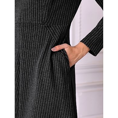 Women's Zipper Neck Dress Winter Long Sleeve A-Line Midi Striped Dress with Pockets