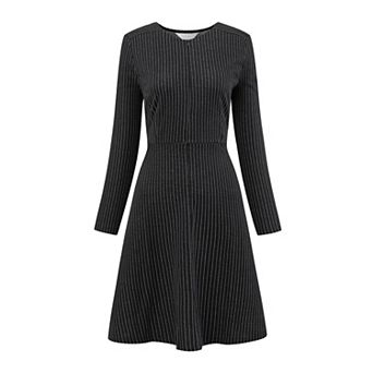 Women's Zipper Neck Dress Winter Long Sleeve A-Line Midi Striped Dress with Pockets