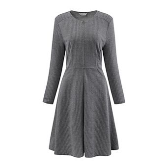 Women's Zipper Neck Dress Winter Long Sleeve A-Line Midi Striped Dress with Pockets