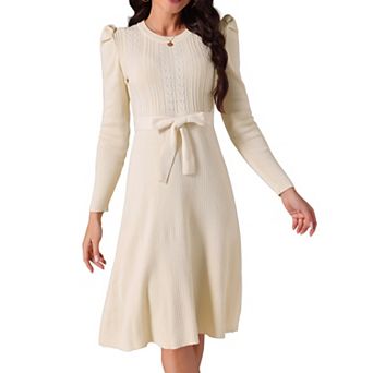 Women's Long Sleeve Sweater Dresses Crewneck Tie Waist A-Line Swing Casual Ribbed Knit Midi Dress