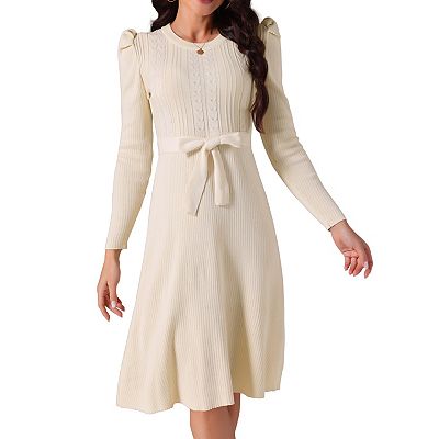 Women's Long Sleeve Sweater Dresses Crewneck Tie Waist A-Line Swing Casual  Ribbed Knit Midi Dress