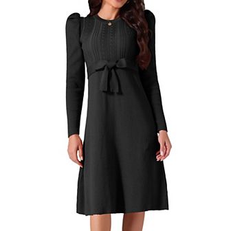 Women's Long Sleeve Sweater Dresses Crewneck Tie Waist A-Line Swing Casual Ribbed Knit Midi Dress