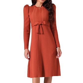 Women's Long Sleeve Sweater Dresses Crewneck Tie Waist A-Line Swing Casual Ribbed Knit Midi Dress