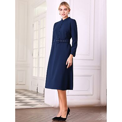 Women's Vintage A-Line Dress Mock Neck Long Sleeve Belted Work Flare Dresses