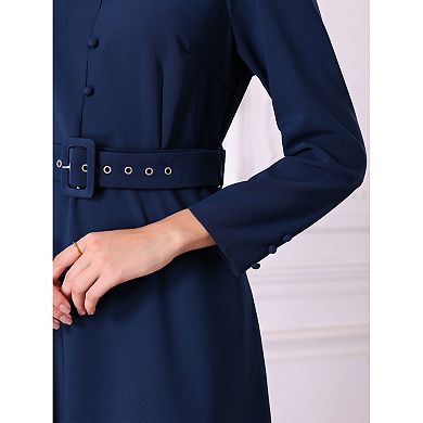Women's Vintage A-Line Dress Mock Neck Long Sleeve Belted Work Flare Dresses
