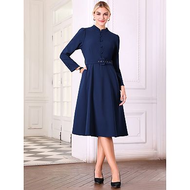 Women's Vintage A-Line Dress Mock Neck Long Sleeve Belted Work Flare Dresses
