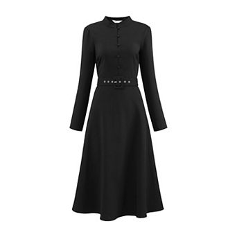Women's Vintage A-Line Dress Mock Neck Long Sleeve Belted Work Flare Dresses