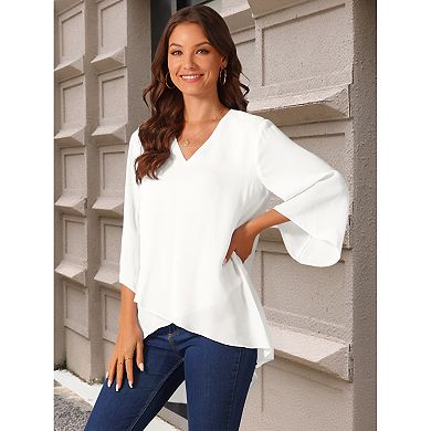 Women's Casual Chiffon Blouse 3/4 Bell Sleeve V Neck Loose Fit Asymmetrical Shirt High Low Tops