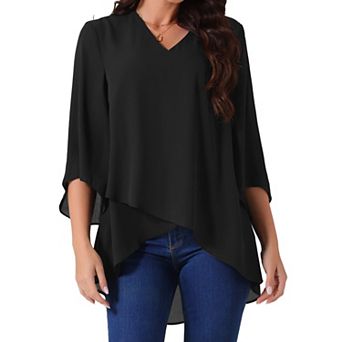 Women's Casual Chiffon Blouse 3/4 Bell Sleeve V Neck Loose Fit Asymmetrical Shirt High Low Tops
