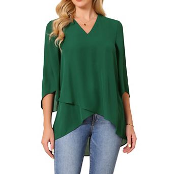 Women's Casual Chiffon Blouse 3/4 Bell Sleeve V Neck Loose Fit Asymmetrical Shirt High Low Tops