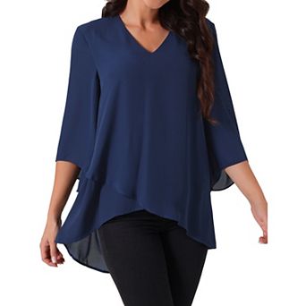 Women's Casual Chiffon Blouse 3/4 Bell Sleeve V Neck Loose Fit Asymmetrical Shirt High Low Tops