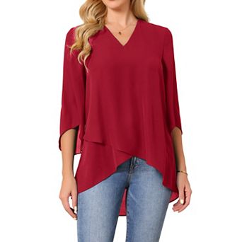 Women's Casual Chiffon Blouse 3/4 Bell Sleeve V Neck Loose Fit Asymmetrical Shirt High Low Tops