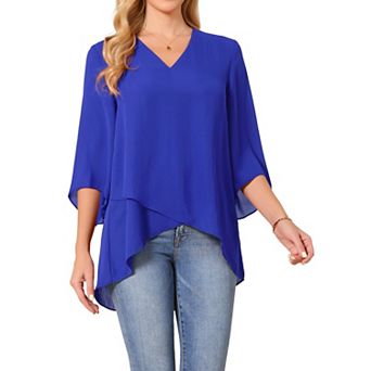 Women's Casual Chiffon Blouse 3/4 Bell Sleeve V Neck Loose Fit Asymmetrical Shirt High Low Tops
