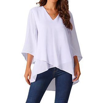 Women's Casual Chiffon Blouse 3/4 Bell Sleeve V Neck Loose Fit Asymmetrical Shirt High Low Tops