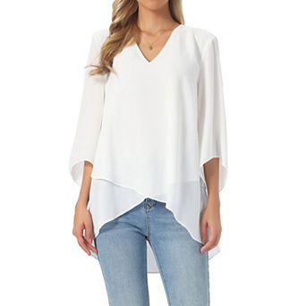 Women's Casual Chiffon Blouse 3/4 Bell Sleeve V Neck Loose Fit Asymmetrical Shirt High Low Tops