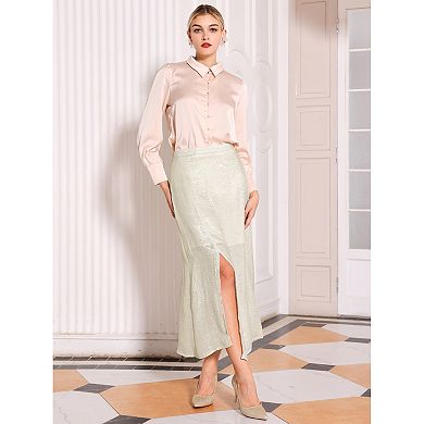 Women's Spilt Midi Skirt High Waist Shiny Shimmer Casual Work A-Line Skirts