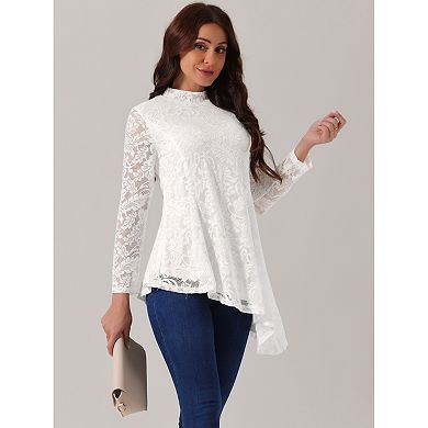 Women's Lace Tops Long Sleeve Mock Neck Asymmetric Hem Casual Elegant Blouses Shirts