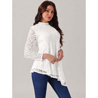 Women's Lace Tops Long Sleeve Mock Neck Asymmetric Hem Casual Elegant Blouses Shirts