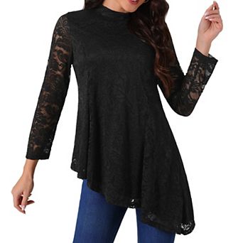 Women's Lace Tops Long Sleeve Mock Neck Asymmetric Hem Casual Elegant Blouses Shirts