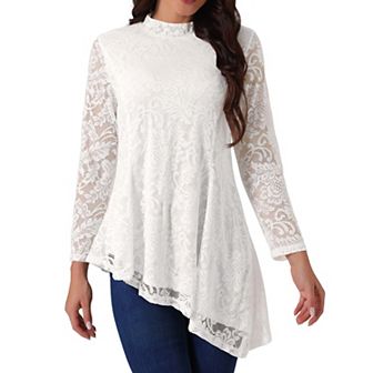 Women's Lace Tops Long Sleeve Mock Neck Asymmetric Hem Casual Elegant Blouses Shirts