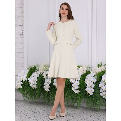 Women's A-Line Tweed Dress Long Sleeve Vintage Work Flare Dresses