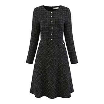 Women's A-Line Tweed Dress Long Sleeve Vintage Work Flare Dresses