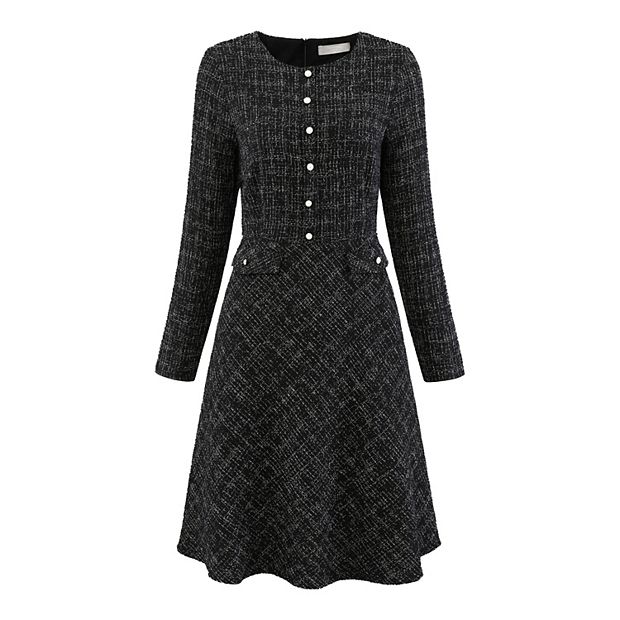 navy blue dress for baby girl Women's A-Line Tweed Dress Long Sleeve Vintage Work Flare Dresses