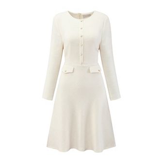 Women's A-Line Tweed Dress Long Sleeve Vintage Work Flare Dresses