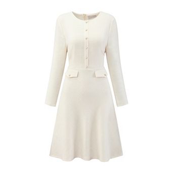 Women's A-Line Tweed Dress Long Sleeve Vintage Work Flare Dresses